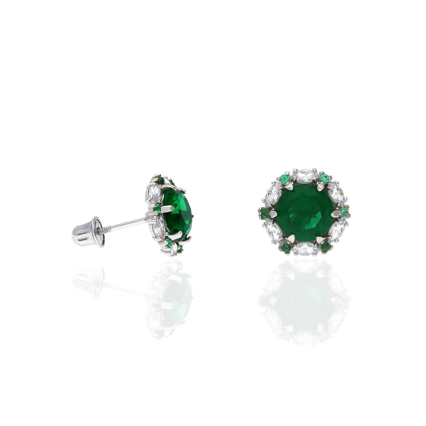 14K Solid White Gold Round And Marquise Gem Birthstone Halo Stud Earrings