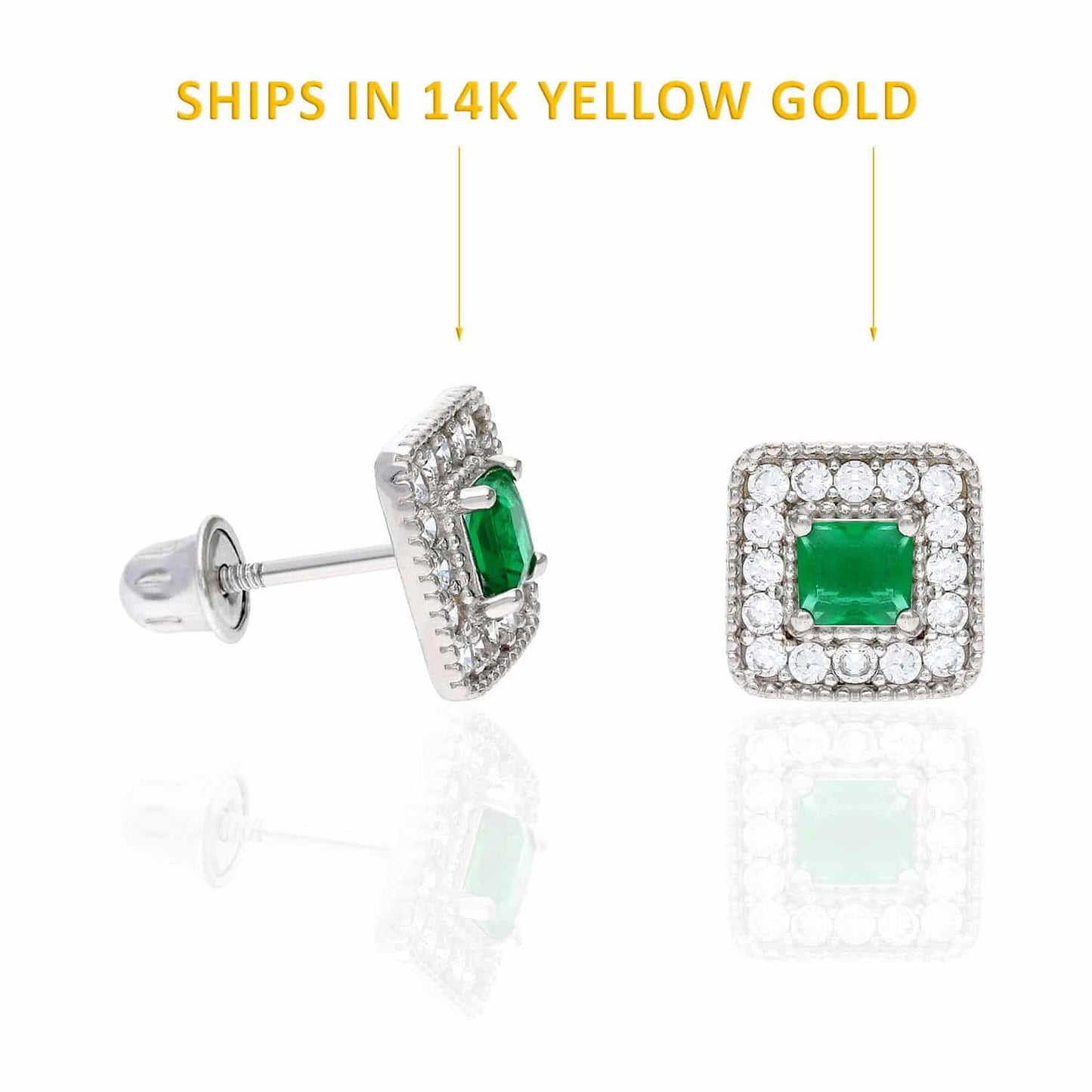 14K Yellow Gold Square Color Gemstone Screw Back Halo Stud Earrings