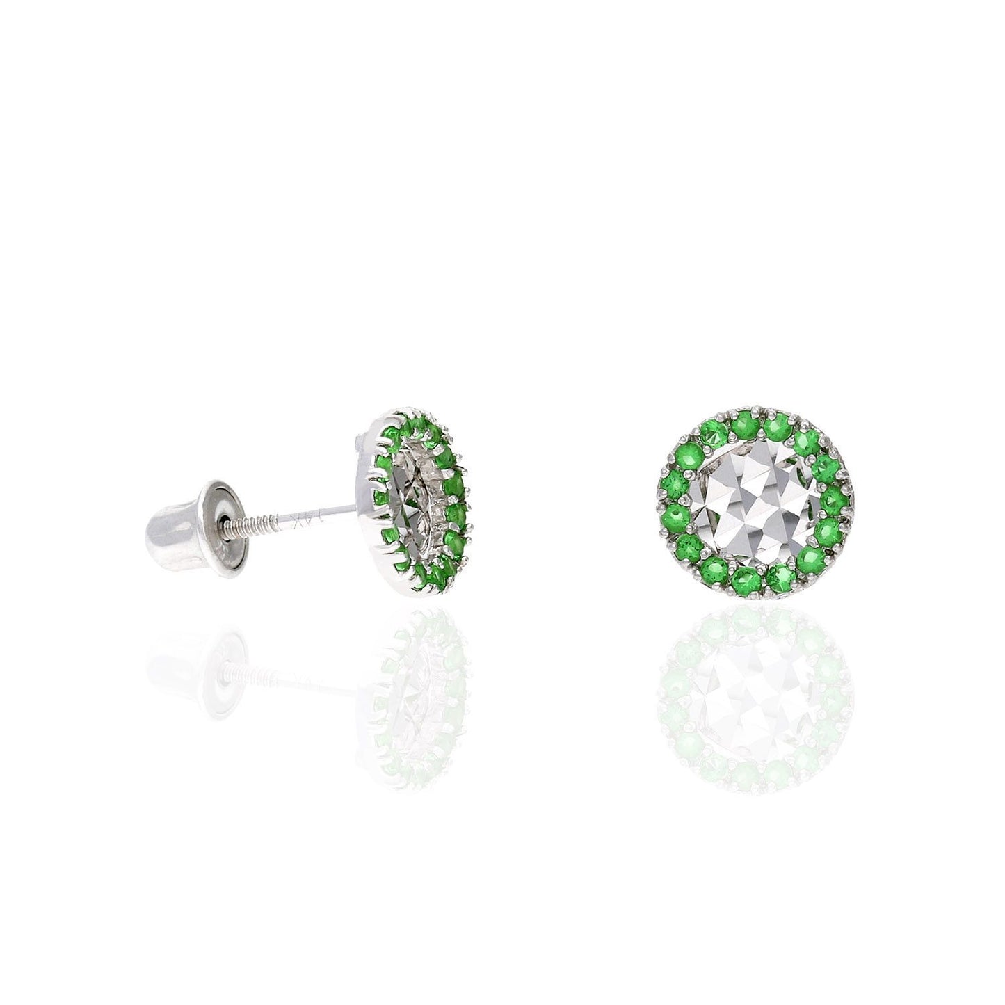 14K White Gold Diamond Cut Gemstone Round Halo 7mm Screw Back Stud Earrings