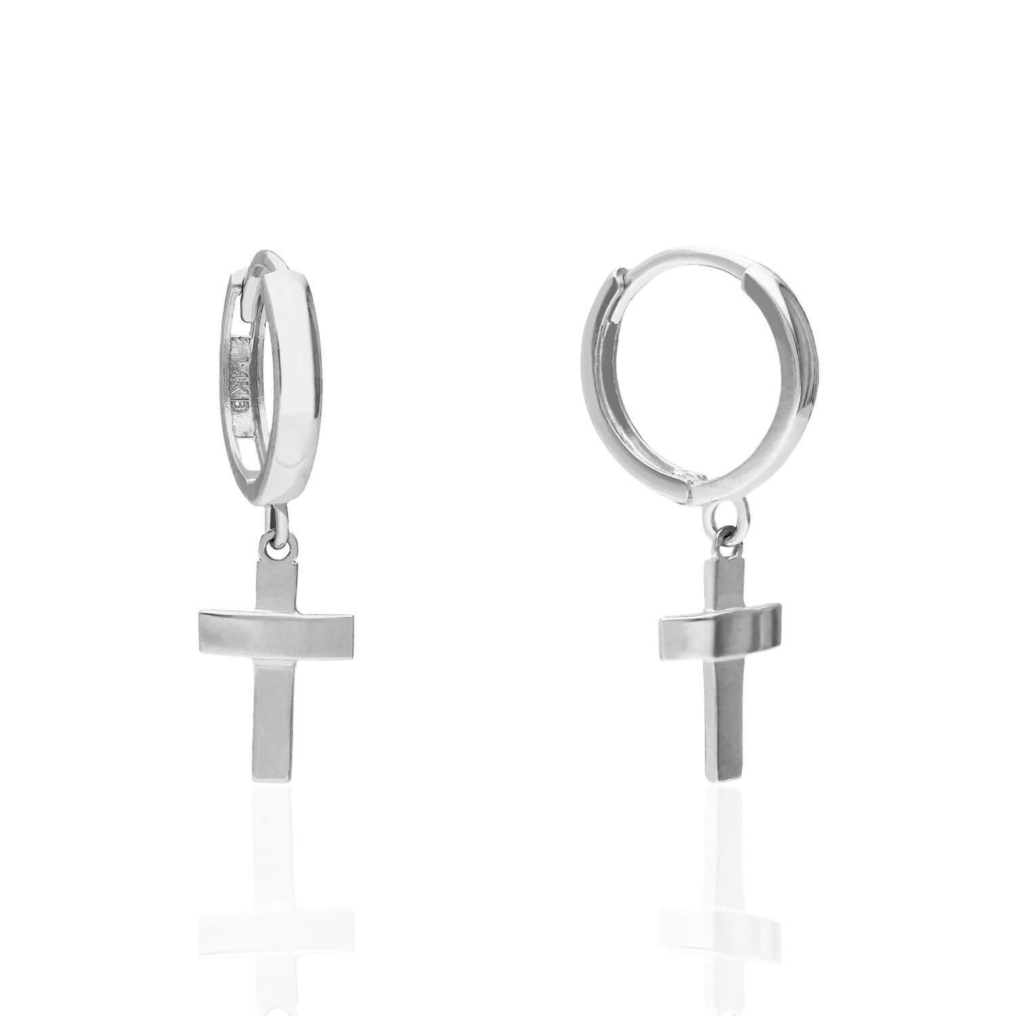 14K Solid Yellow White Gold Cross Huggie Hoop Earrings