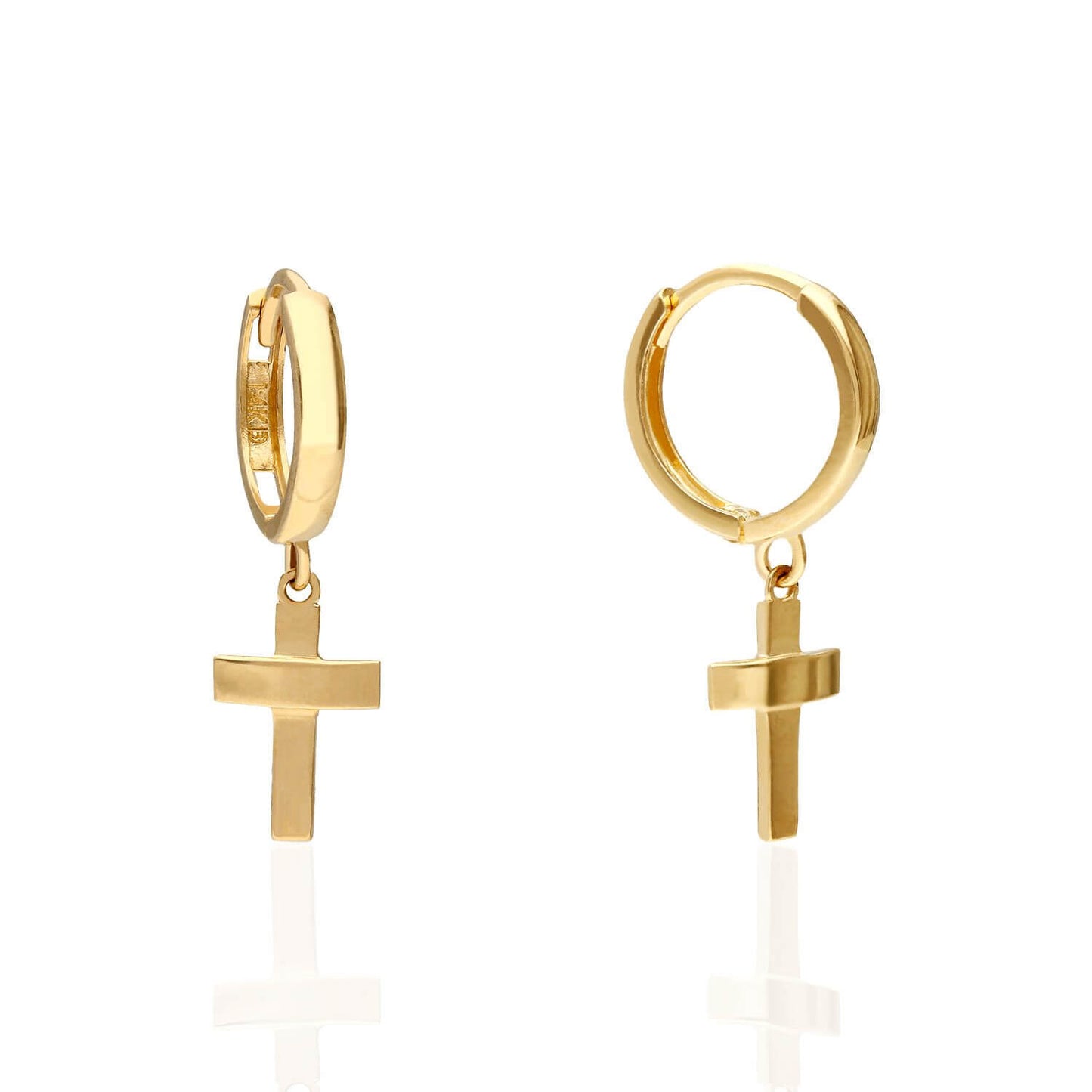 14K Solid Yellow White Gold Cross Huggie Hoop Earrings