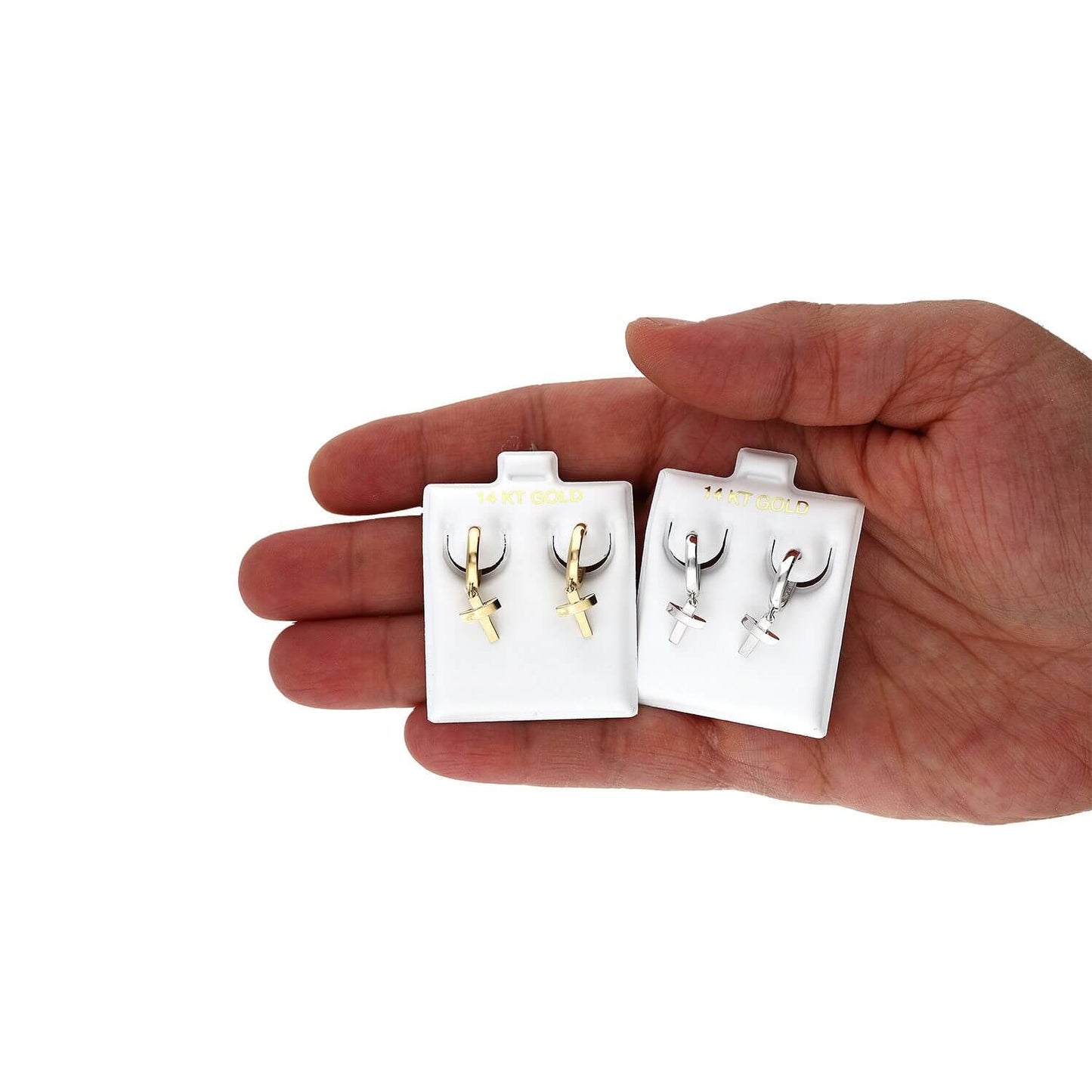 14K Solid Yellow White Gold Cross Huggie Hoop Earrings