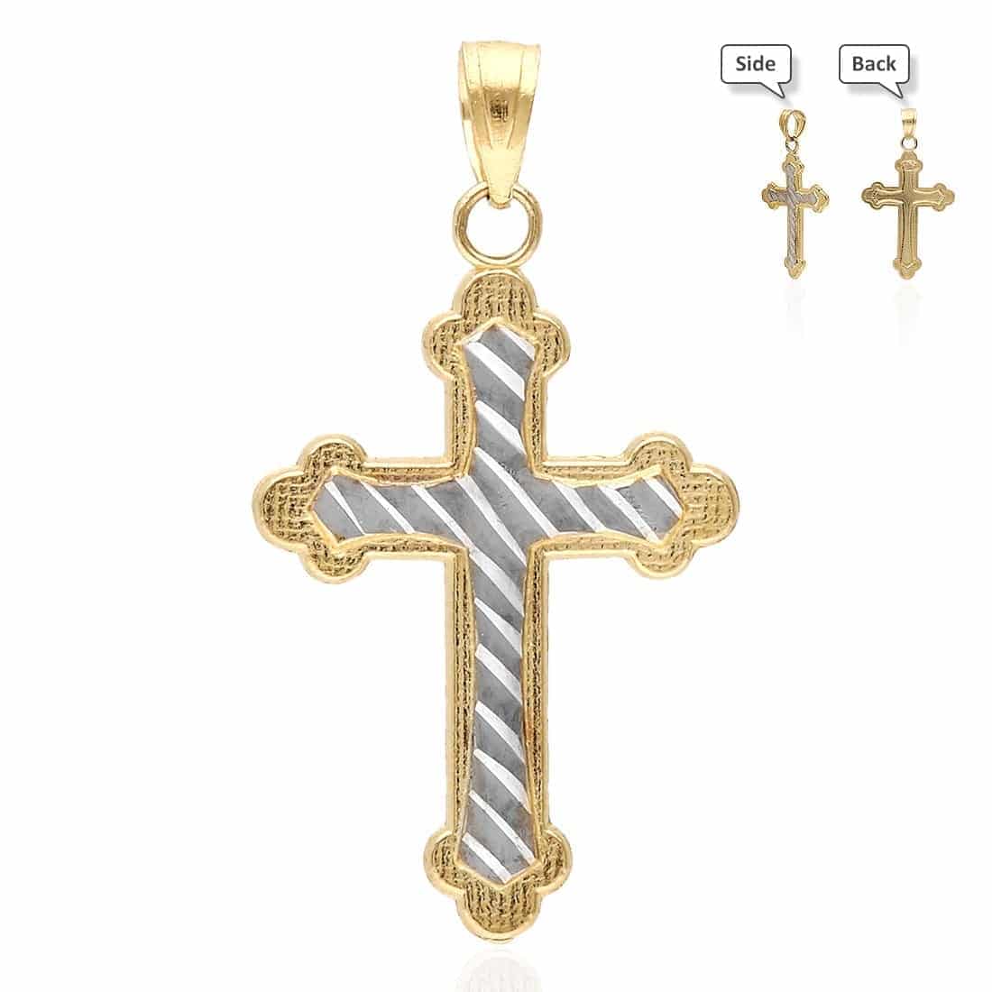10k Yellow & White Gold Diamond Cut Textured Cross Pendant 1"