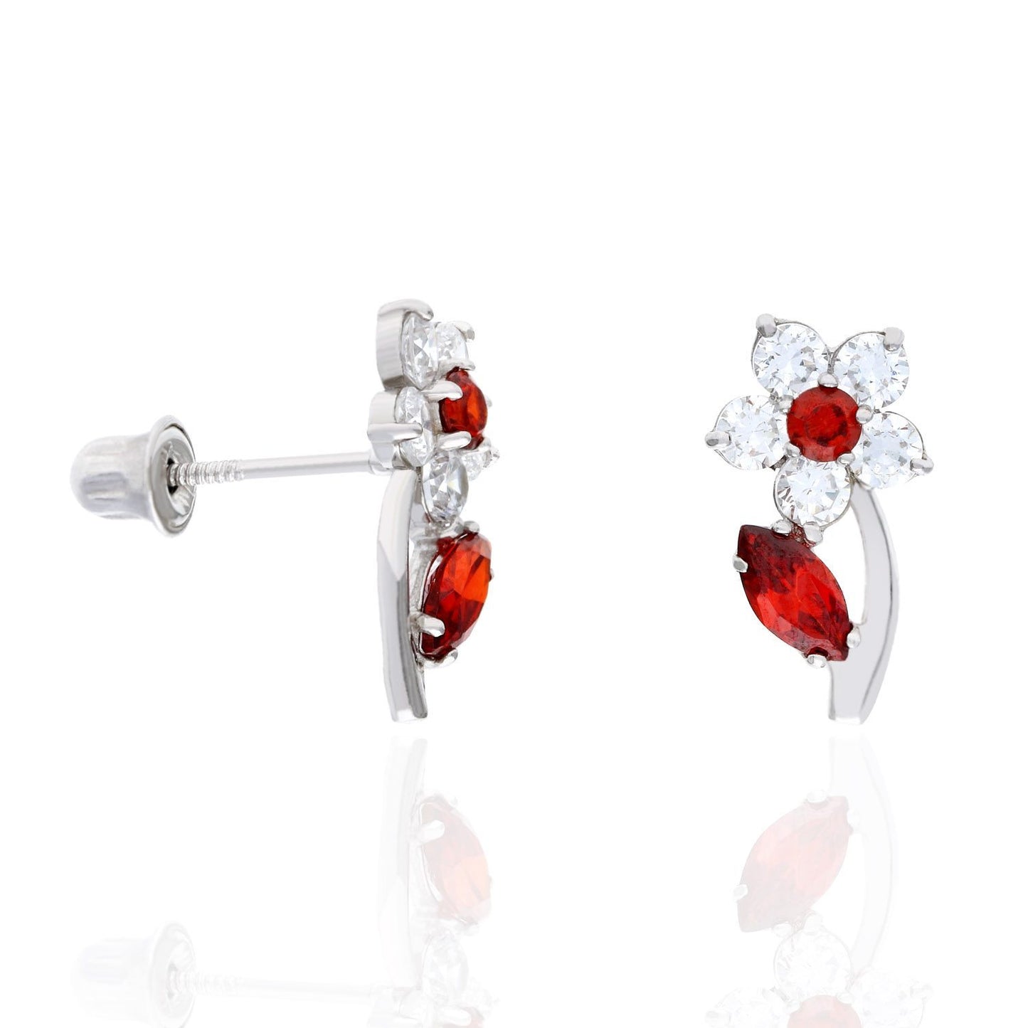 14K White Gold Color Birthstone Flower Plant Screw Back Kids Stud Earrings