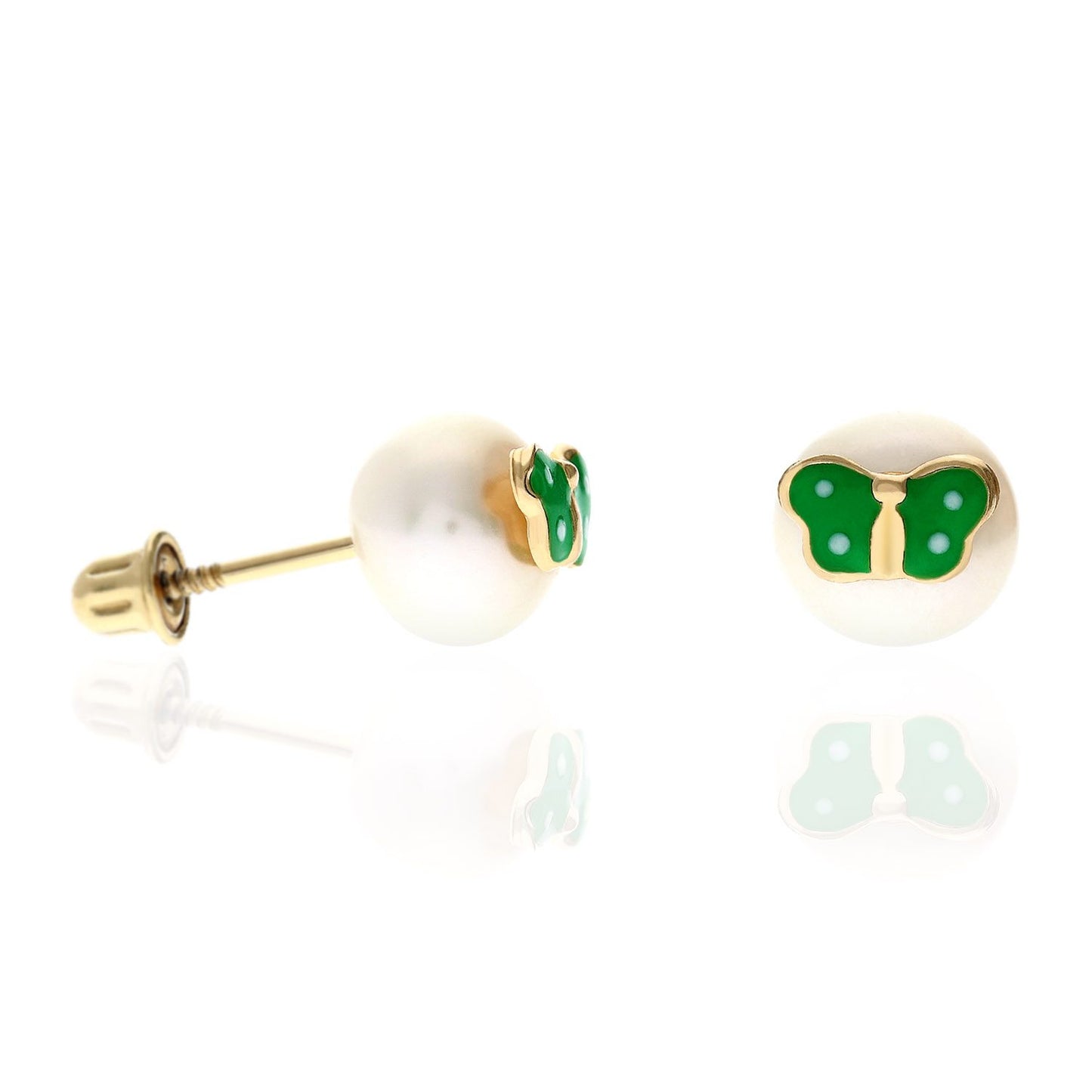Kid's 14K Yellow Gold Enameled Butterfly On White Pearl Screw Back Stud Earrings