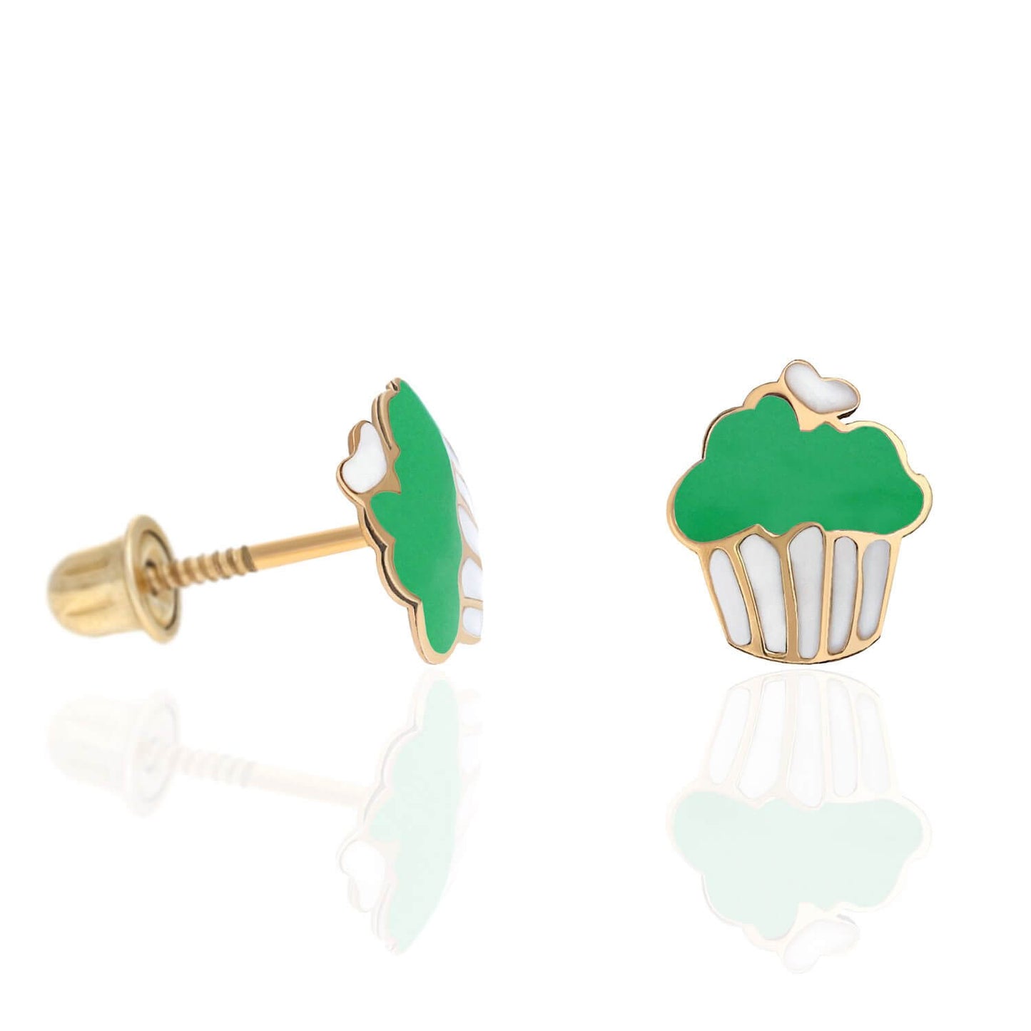 Kids 14K Yellow Gold Enameled Large Cupcake Screw Back Stud Earrings