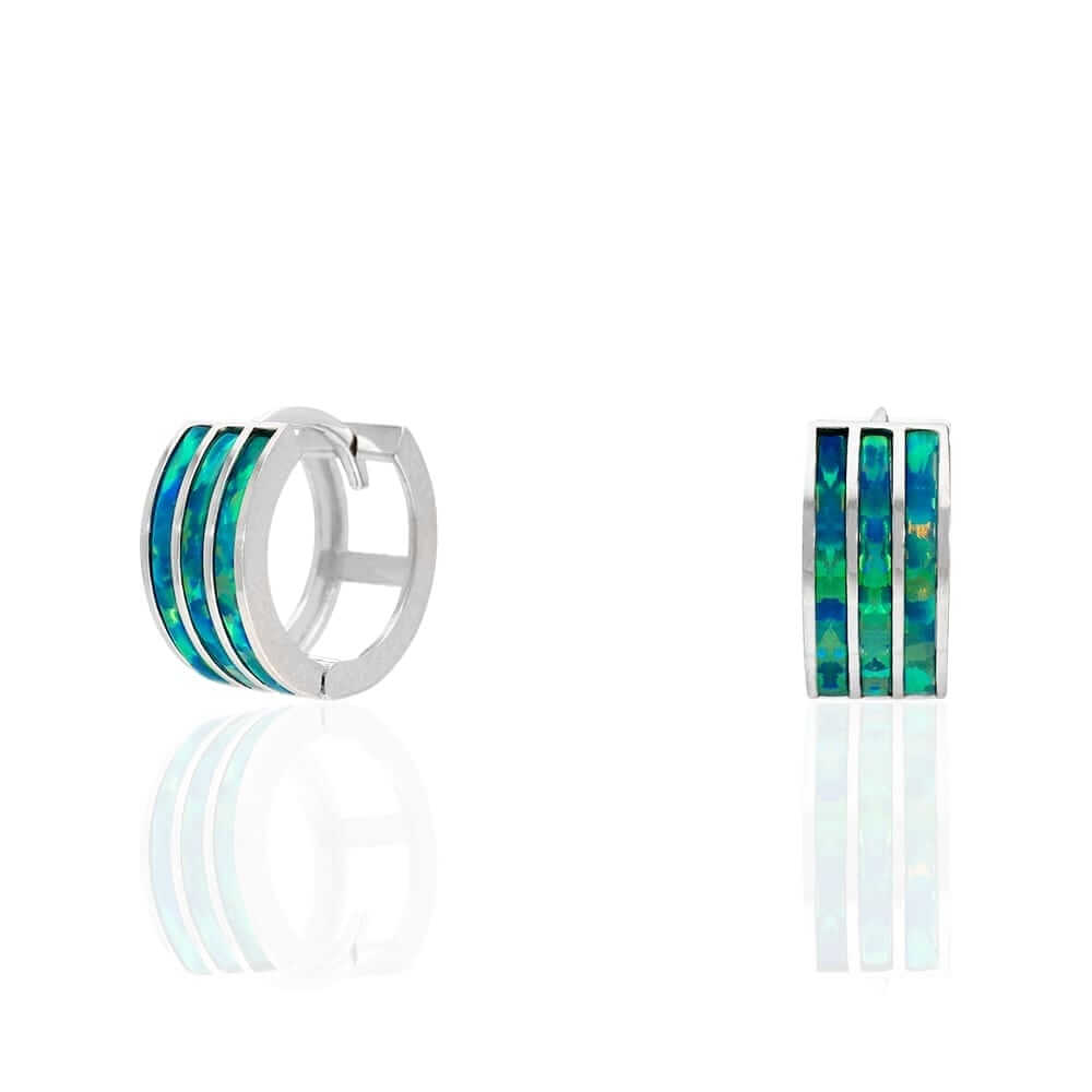 925 Sterling Silver 3-Stripe Fire Opal Huggie Hoop Earrings 0.5"