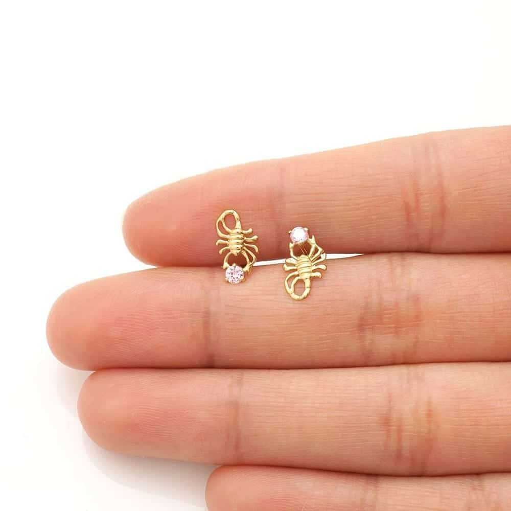 14K Yellow Gold Round Simulated Birthstone Scorpion Screw Back Stud Earrings