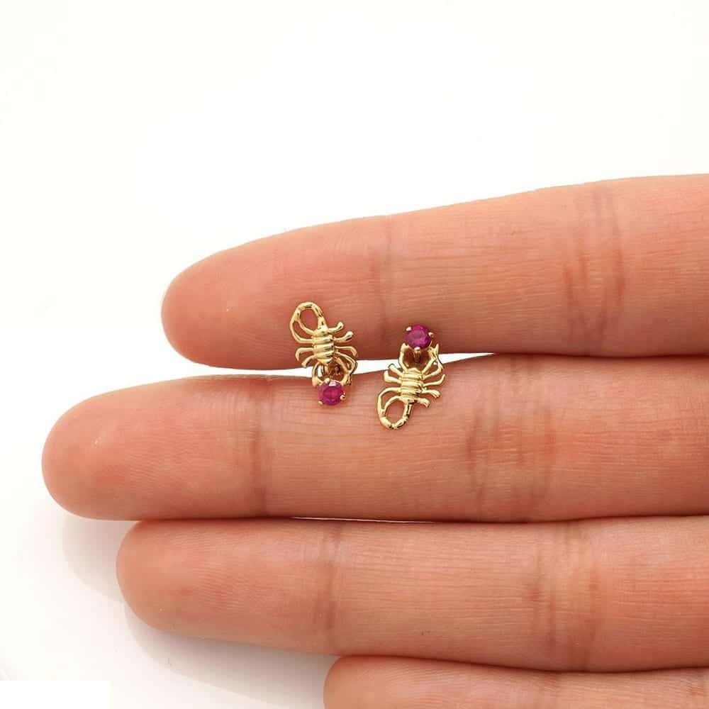 14K Yellow Gold Round Simulated Birthstone Scorpion Screw Back Stud Earrings