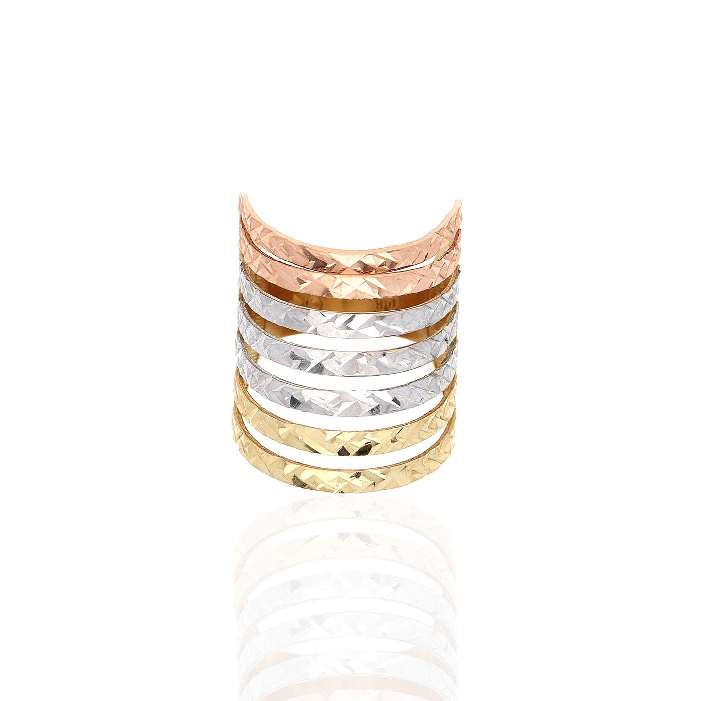14K Real Gold Tri Color Yellow Rose White Diamond Cut Semanario Style Band Ring