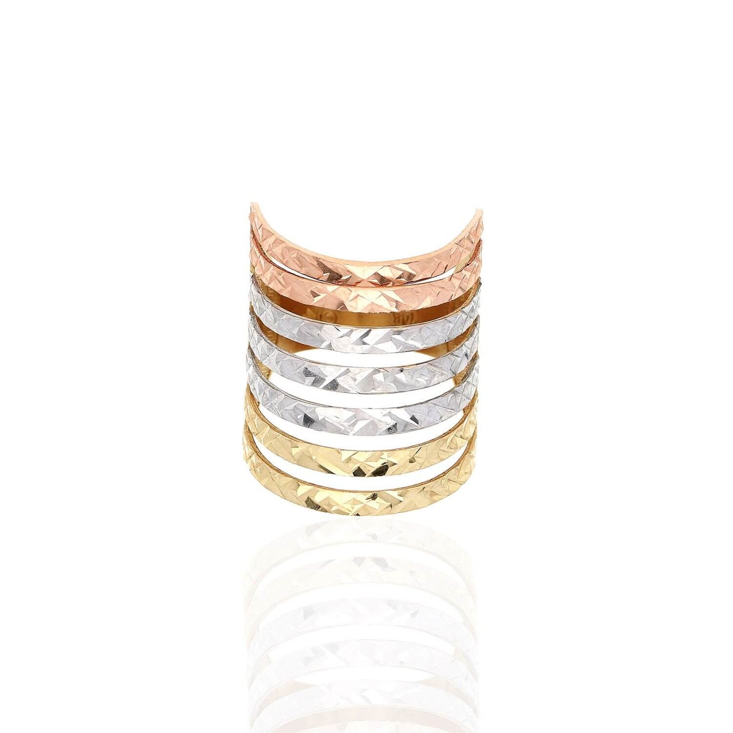 14K Gold Tri Color Yellow Rose White Diamond-Cut Semanario Style Band Ring