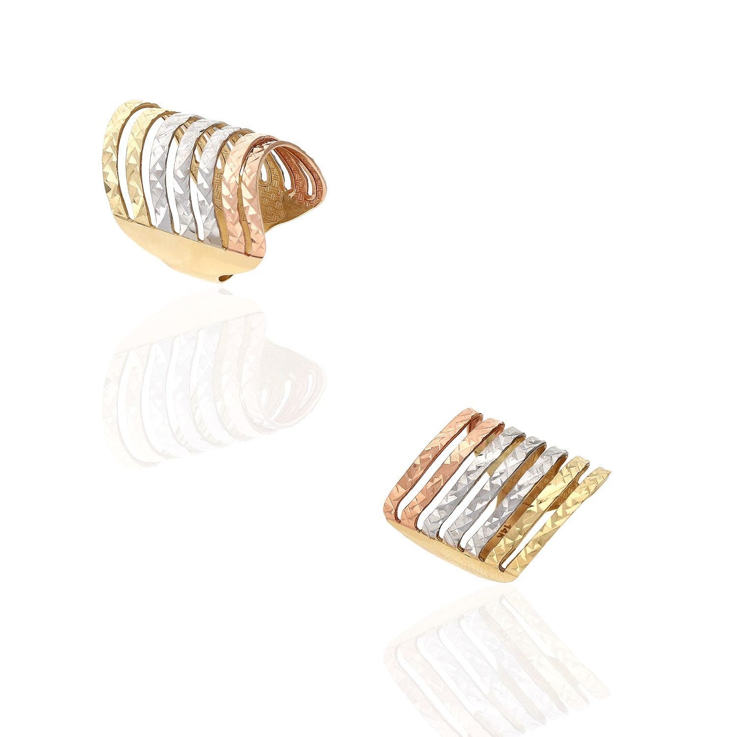 14K Real Gold Tri Color Yellow Rose White Diamond Cut Semanario Style Band Ring