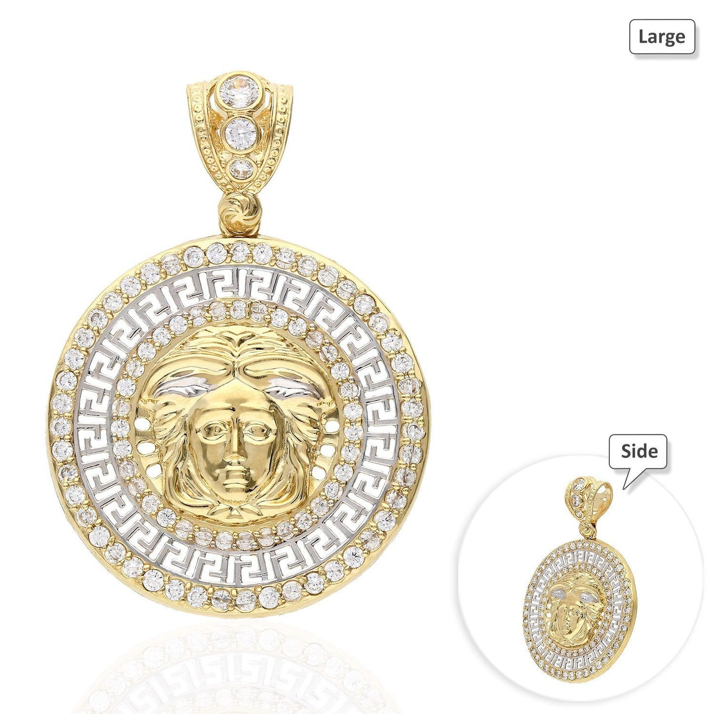 10K Yellow Gold CZ Fancy Medusa Head Medallion Pendant 32mm-37mm