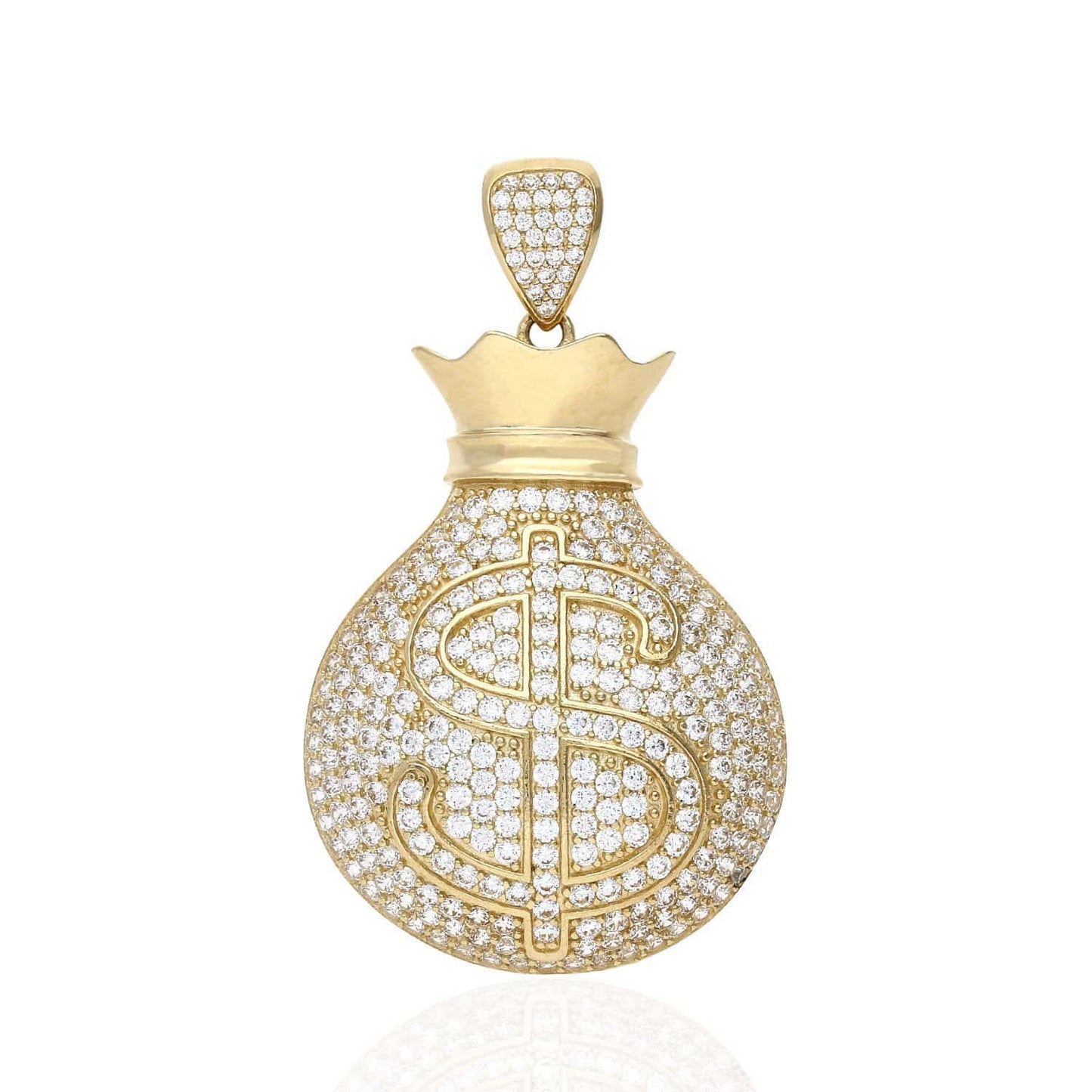 10K Yellow Gold CZ Pave Out Cash Money Bag Pendant