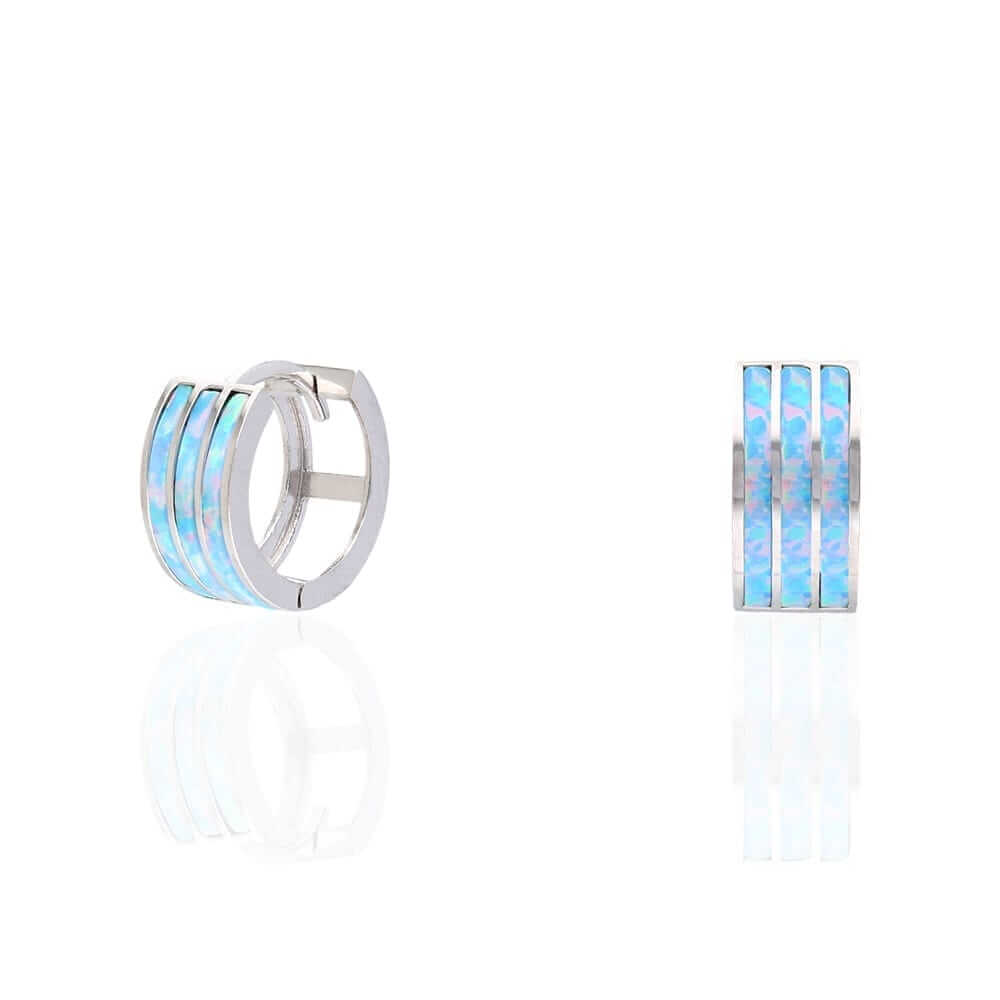 925 Sterling Silver 3-Stripe Fire Opal Huggie Hoop Earrings 0.5"