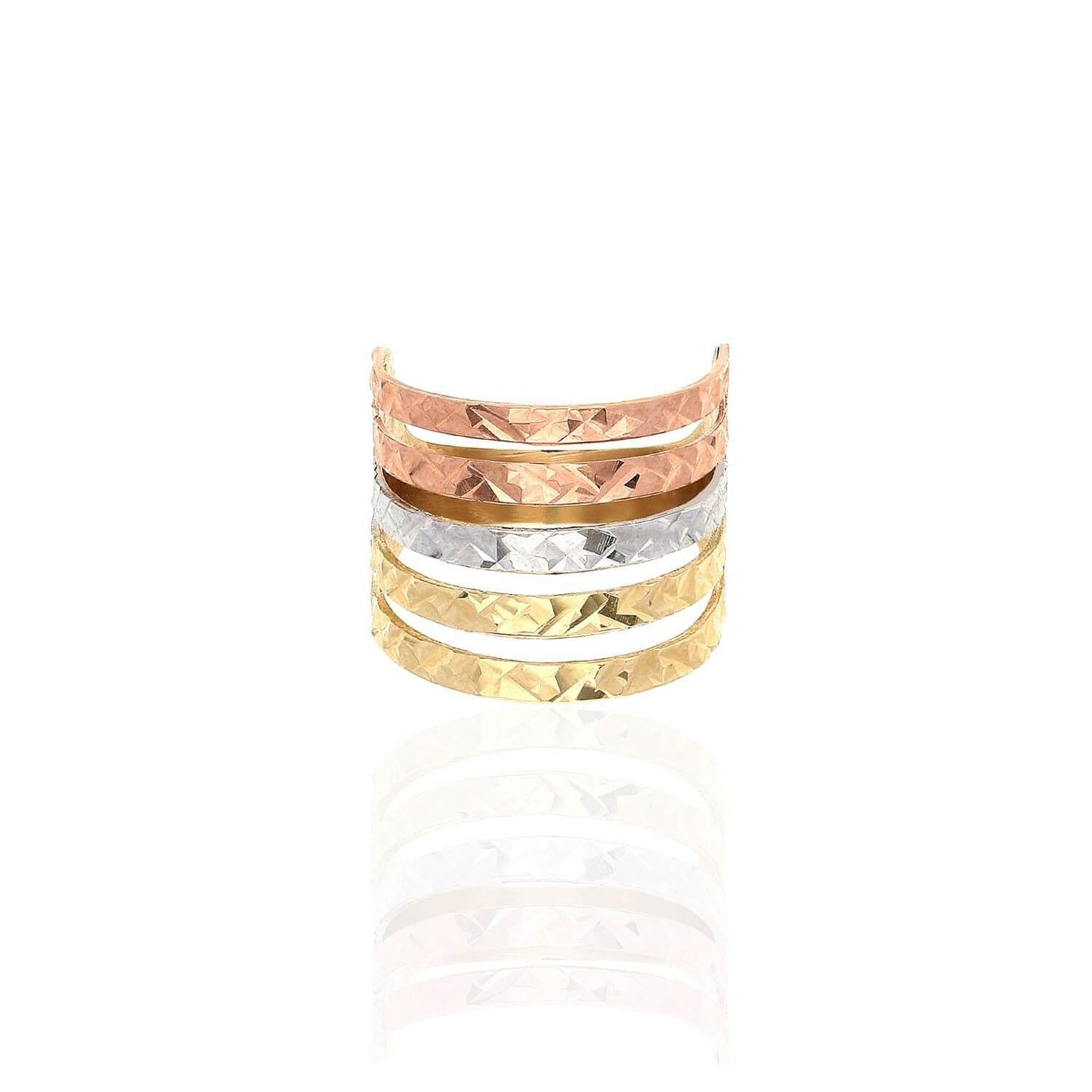 14K Gold Tri Color Yellow Rose White Diamond-Cut Semanario Style Band Ring