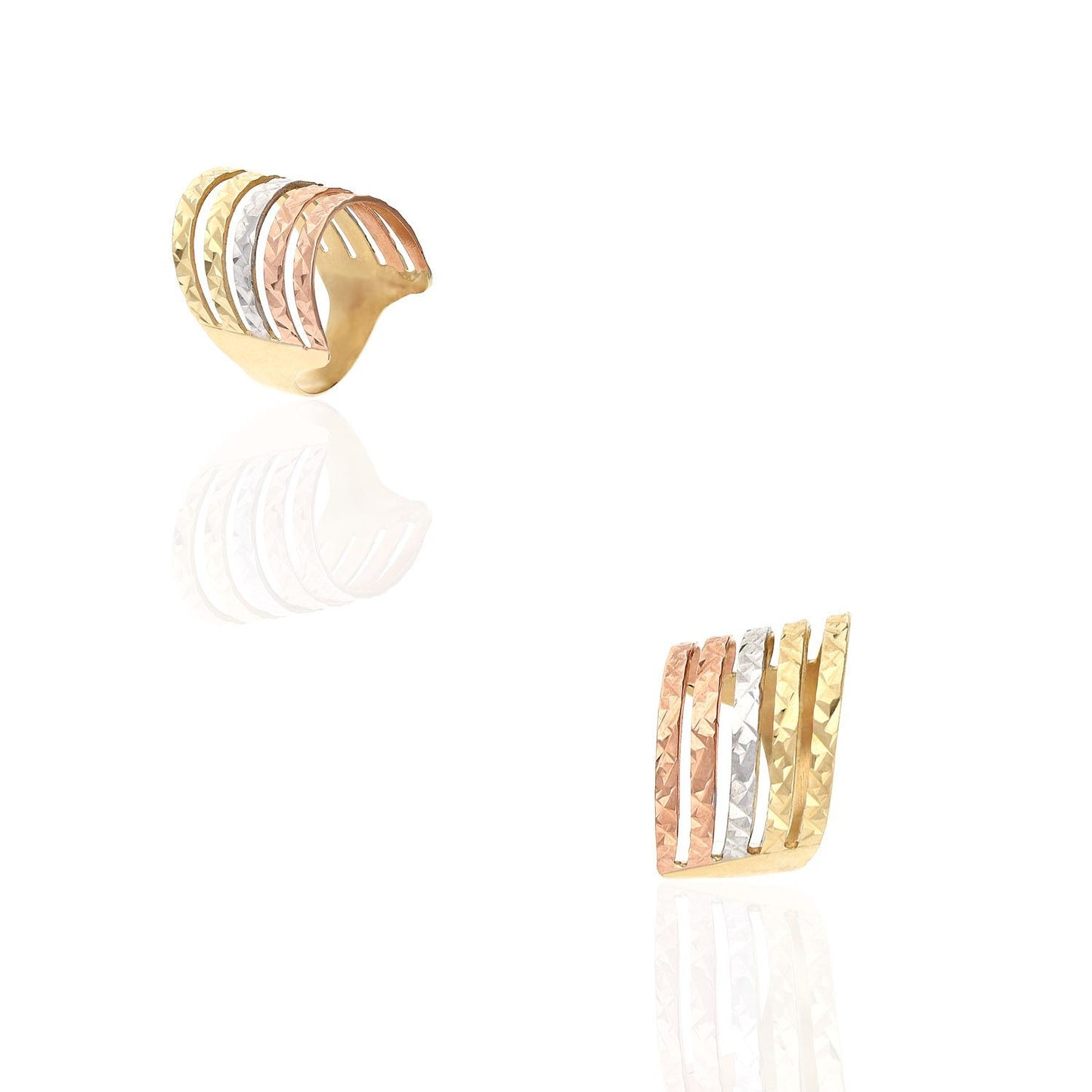 14K Real Gold Tri Color Yellow Rose White Diamond Cut Semanario Style Band Ring