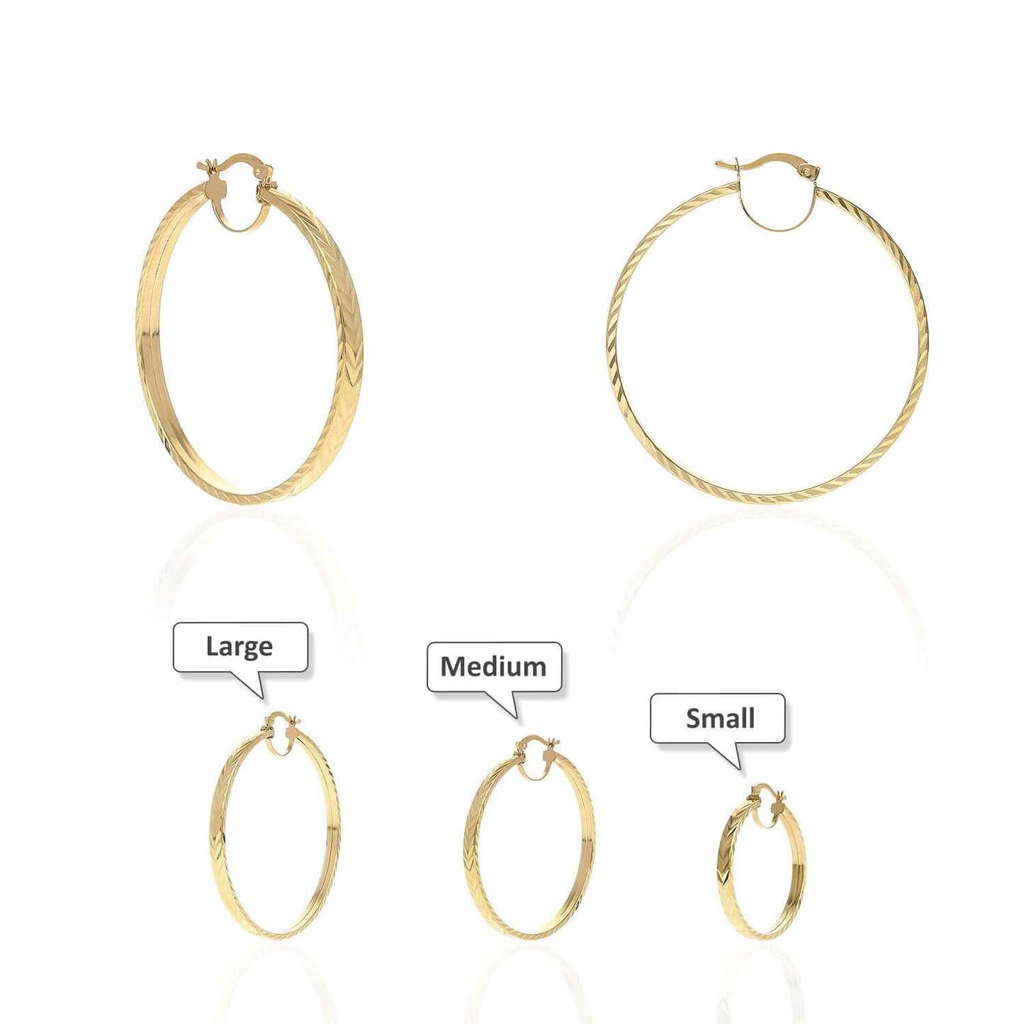 14K Yellow Gold Flat Tube Diamond Cut Hoop Earrings 35mm 46mm 51mm