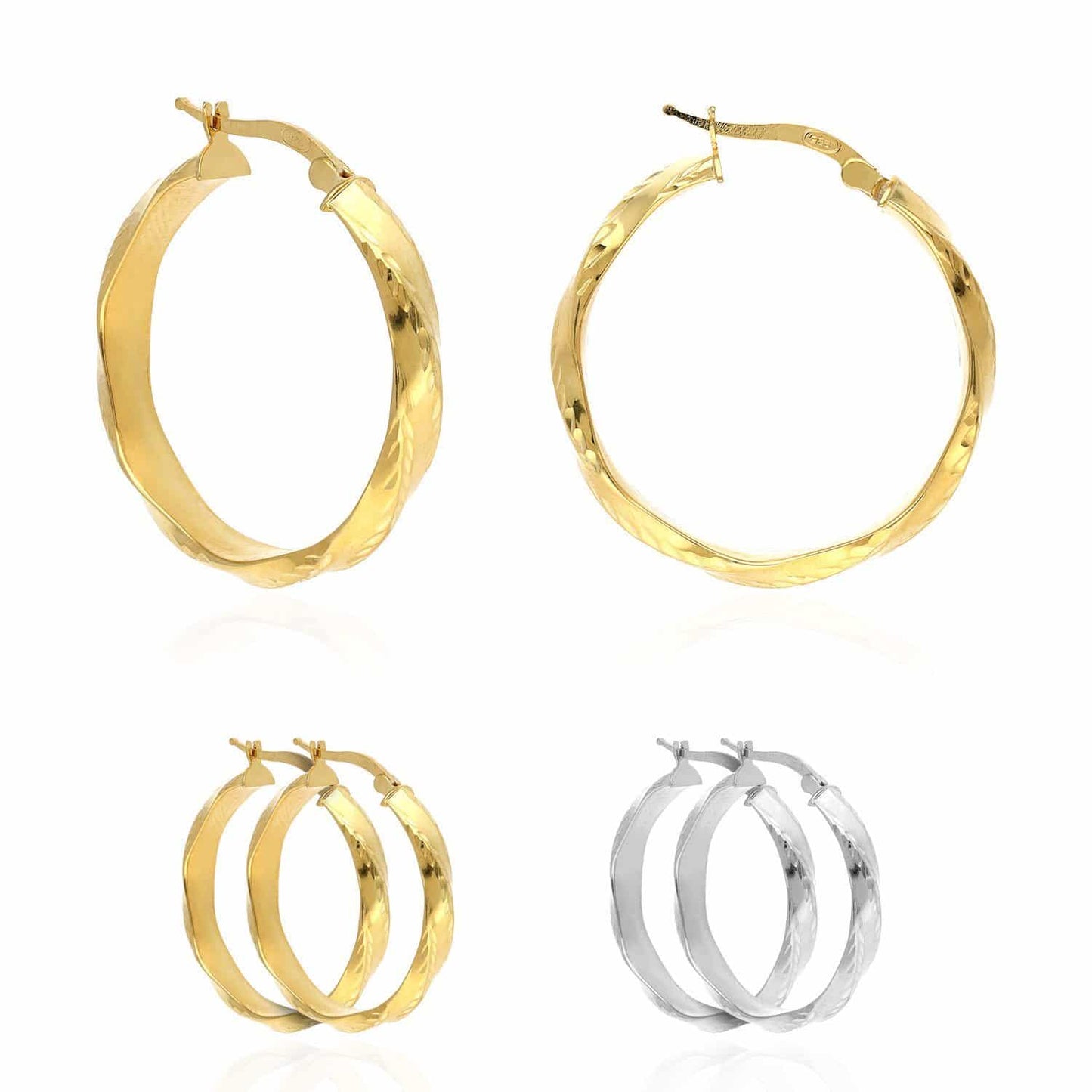 Yellow White Gold Over Silver Twisted Diamond Cut Electroformed Hoop Earrings