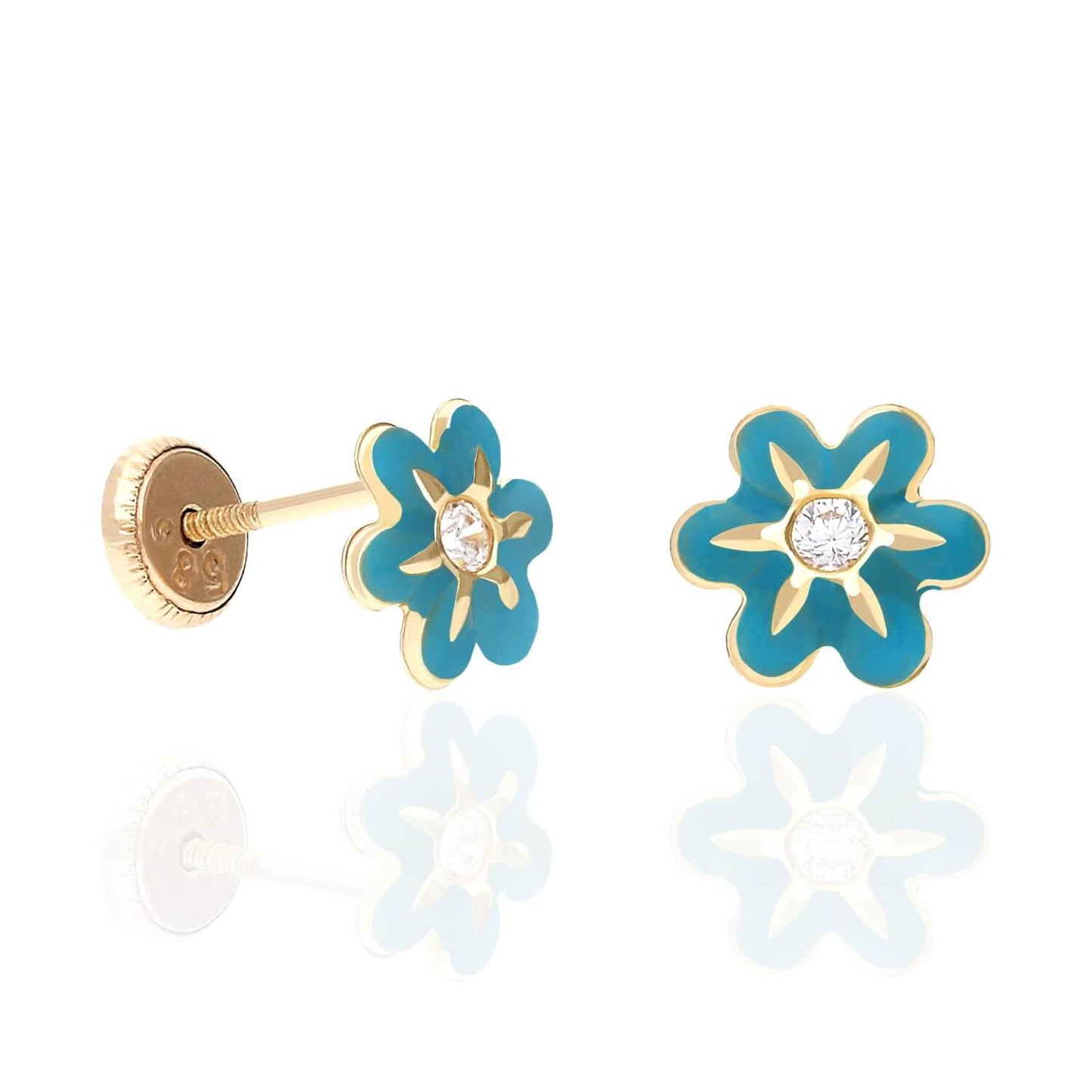 Kids 14K Gold Enamel Flower CZ Screw Back Baby Stud Earrings 7mm