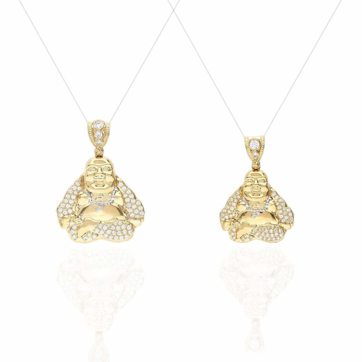 14K Solid Yellow Gold CZ Buddha Charm Pendant 1.65"-2.13"