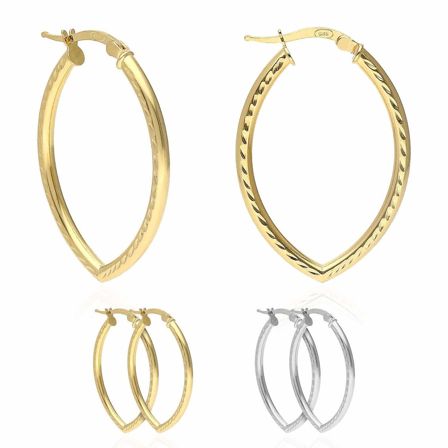 Yellow White Gold Tone Diamond Cut Oval Shape Hoop Earrings