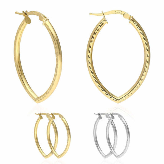 Yellow White Gold Over Silver Diamond-Cut Oval Shape Hoop Earrings