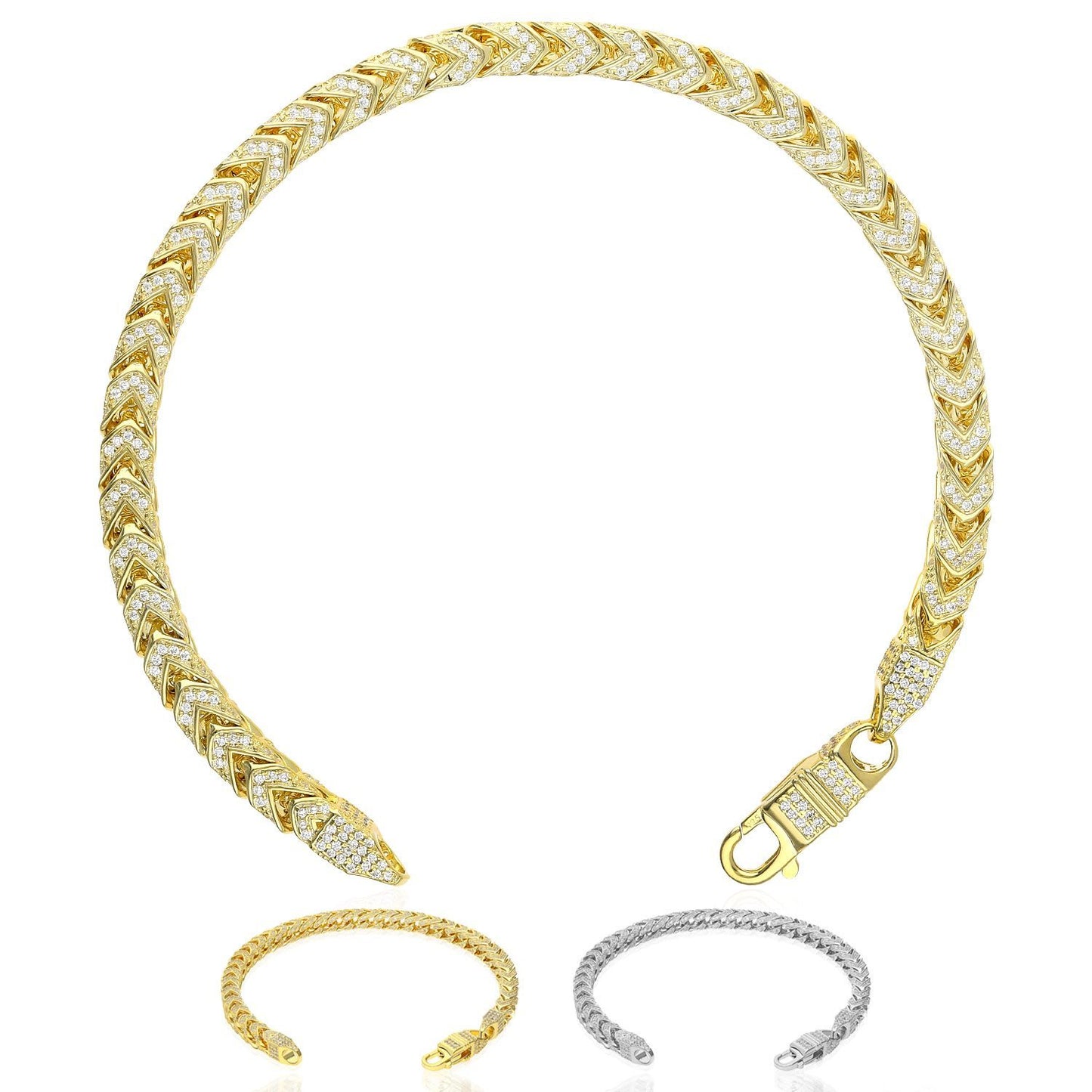 14K Gold Over Sterling Silver Pave Zirconia 6mm Franco Bracelet 8"-9"