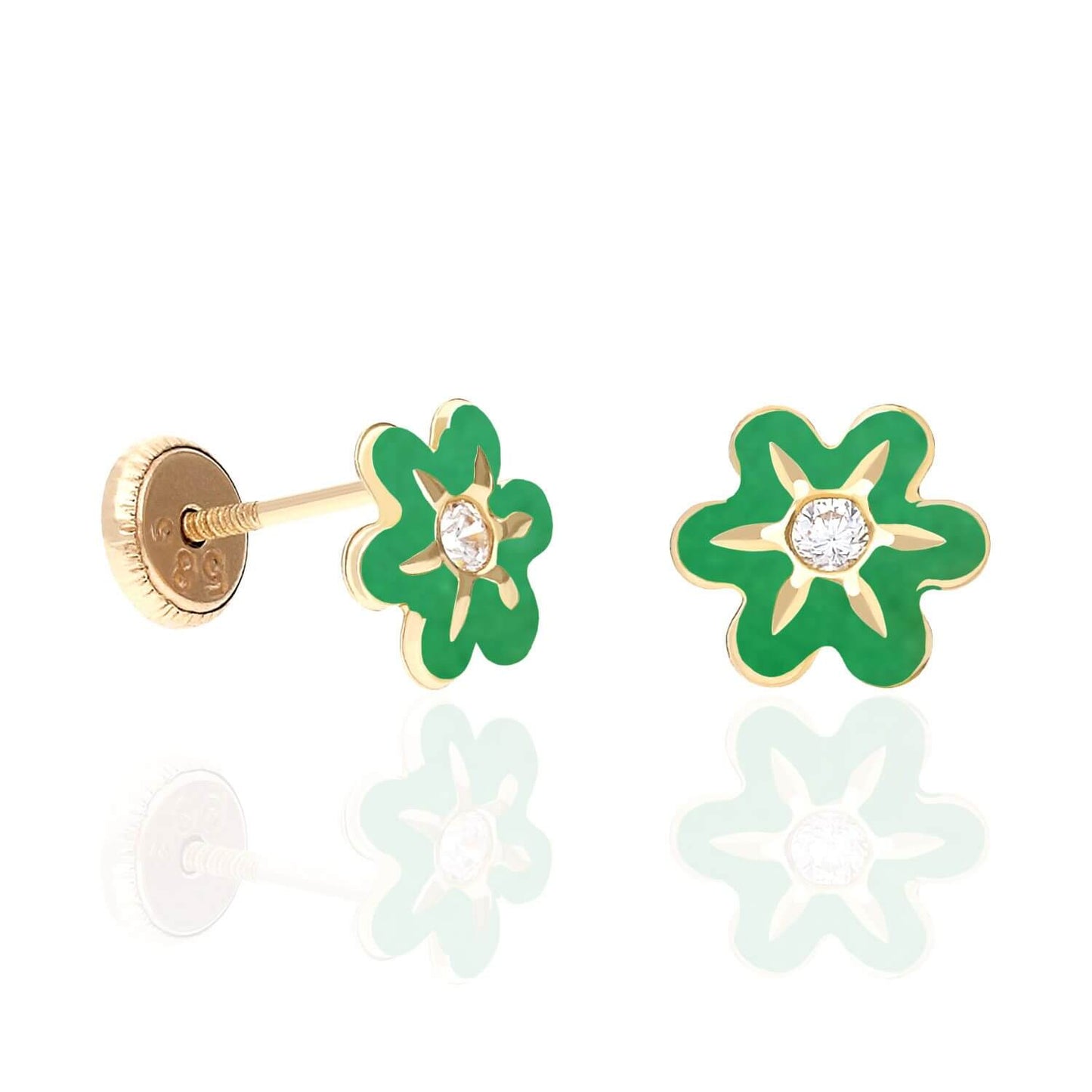 Kids 14K Gold Enamel Flower CZ Screw Back Baby Stud Earrings 7mm