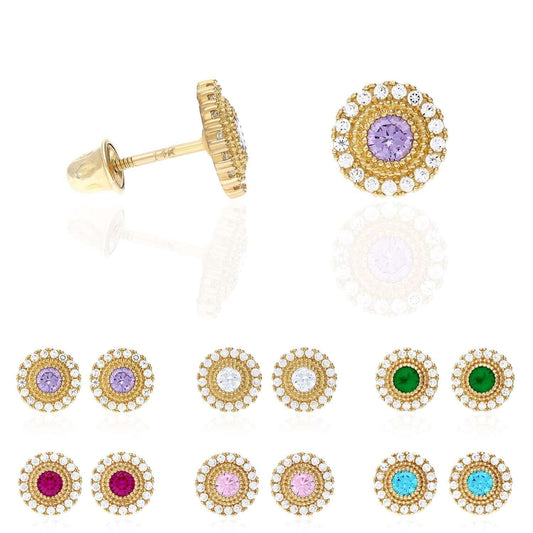 14K Yellow Gold Color Gemstone Round Halo Fancy Birthstone Screw Stud Earrings