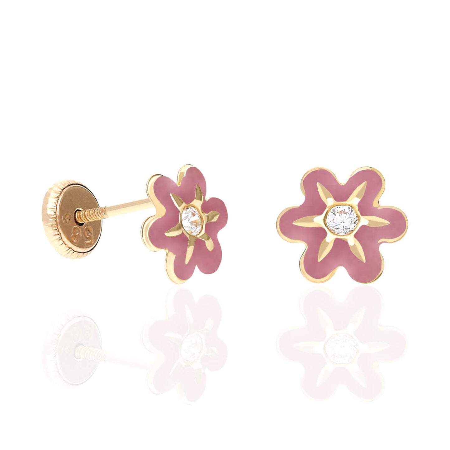 Kids 14K Gold Enamel Flower CZ Screw Back Baby Stud Earrings 7mm