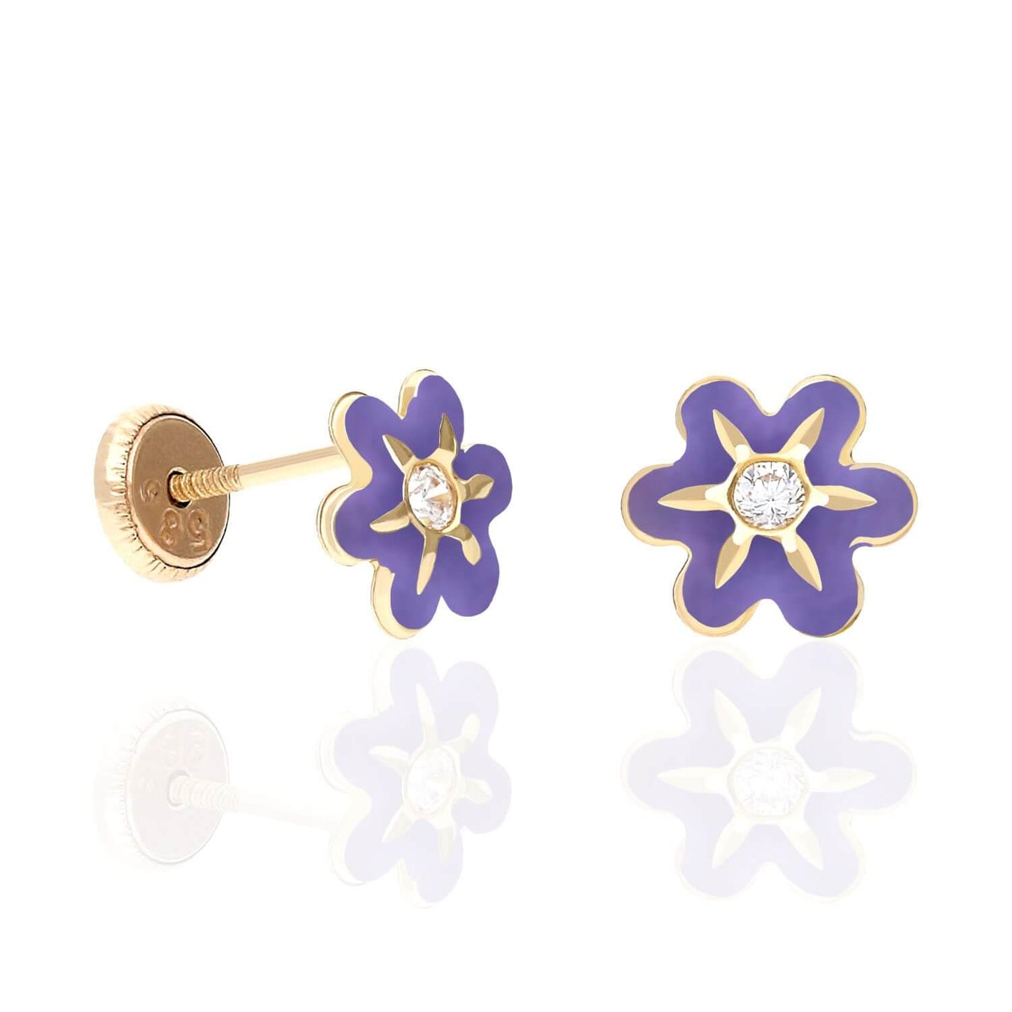 Kids 14K Gold Enamel Flower CZ Screw Back Baby Stud Earrings 7mm