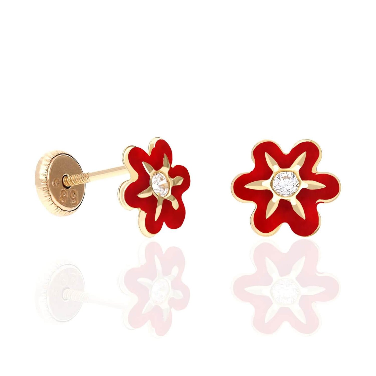 Kids 14K Gold Enamel Flower CZ Screw Back Baby Stud Earrings 7mm