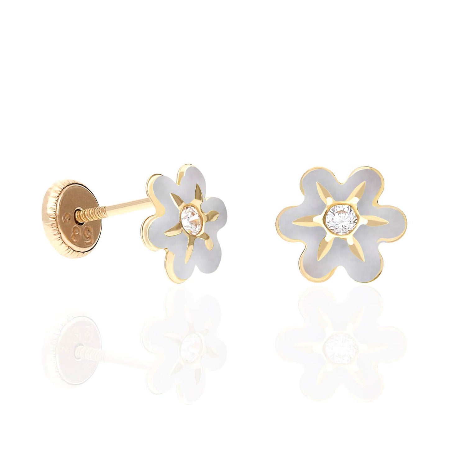 Kids 14K Gold Enamel Flower CZ Screw Back Baby Stud Earrings 7mm
