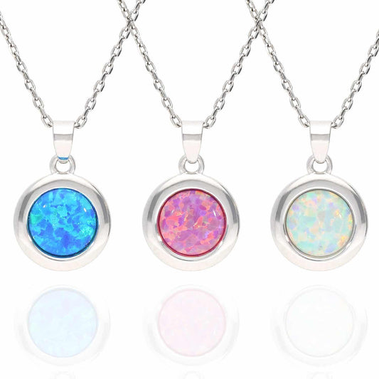 Sterling Silver Cabochon Blue Purple White Fire Opal Round Pendant Necklace 18"