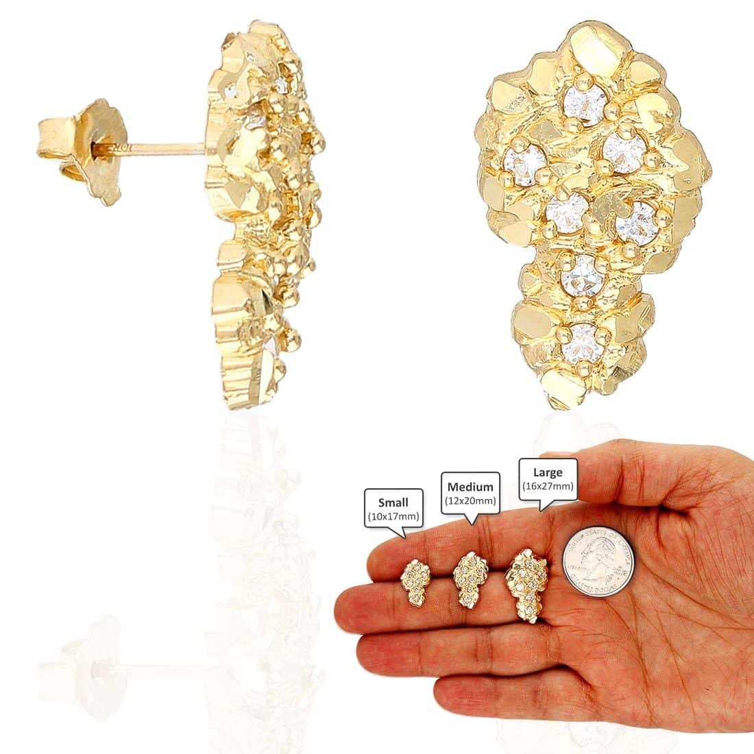 10K Yellow Gold Cubic Zirconia Diamond-Cut Nugget Stud Earrings 17mm-27mm