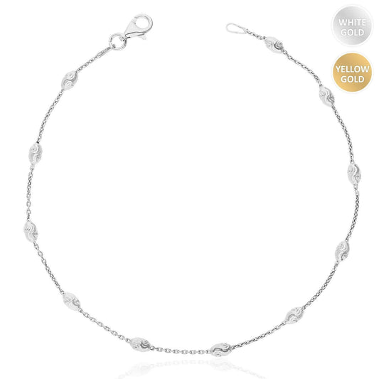 Yellow White Gold Over Sterling Silver Moon-Cut Oval Bead Station Anklet (Solid Links) 9"