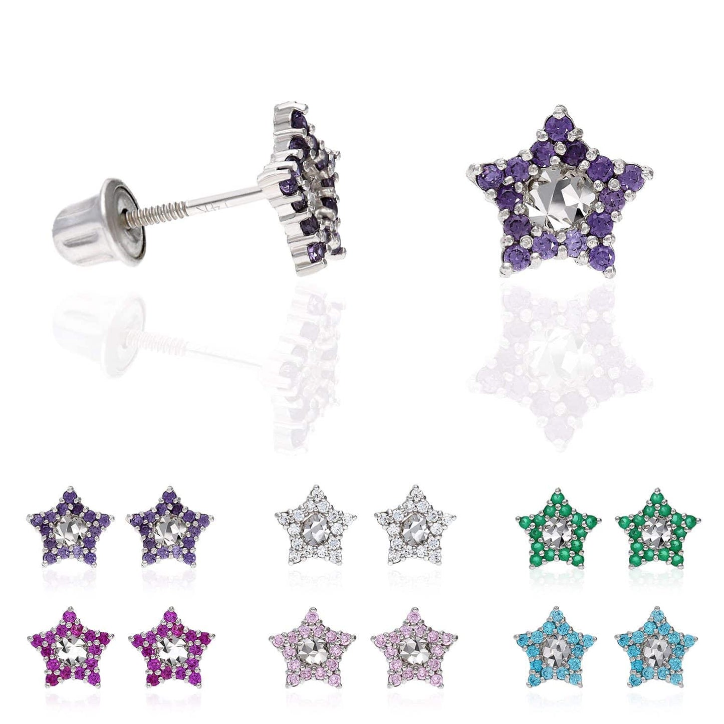 14K White Gold Diamond Cut Color Gemstone Little Star Screw Back Stud Earrings