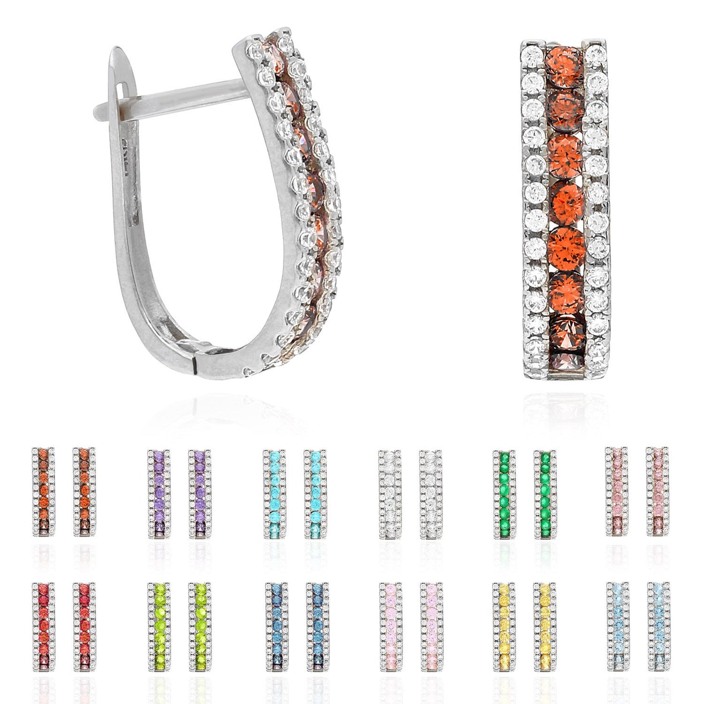14K White Gold 3 Row Simulated Birthstone Latch Back Earrings