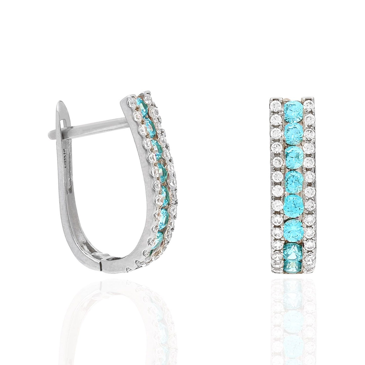 14K White Gold 3 Row Simulated Birthstone Latch Back Earrings