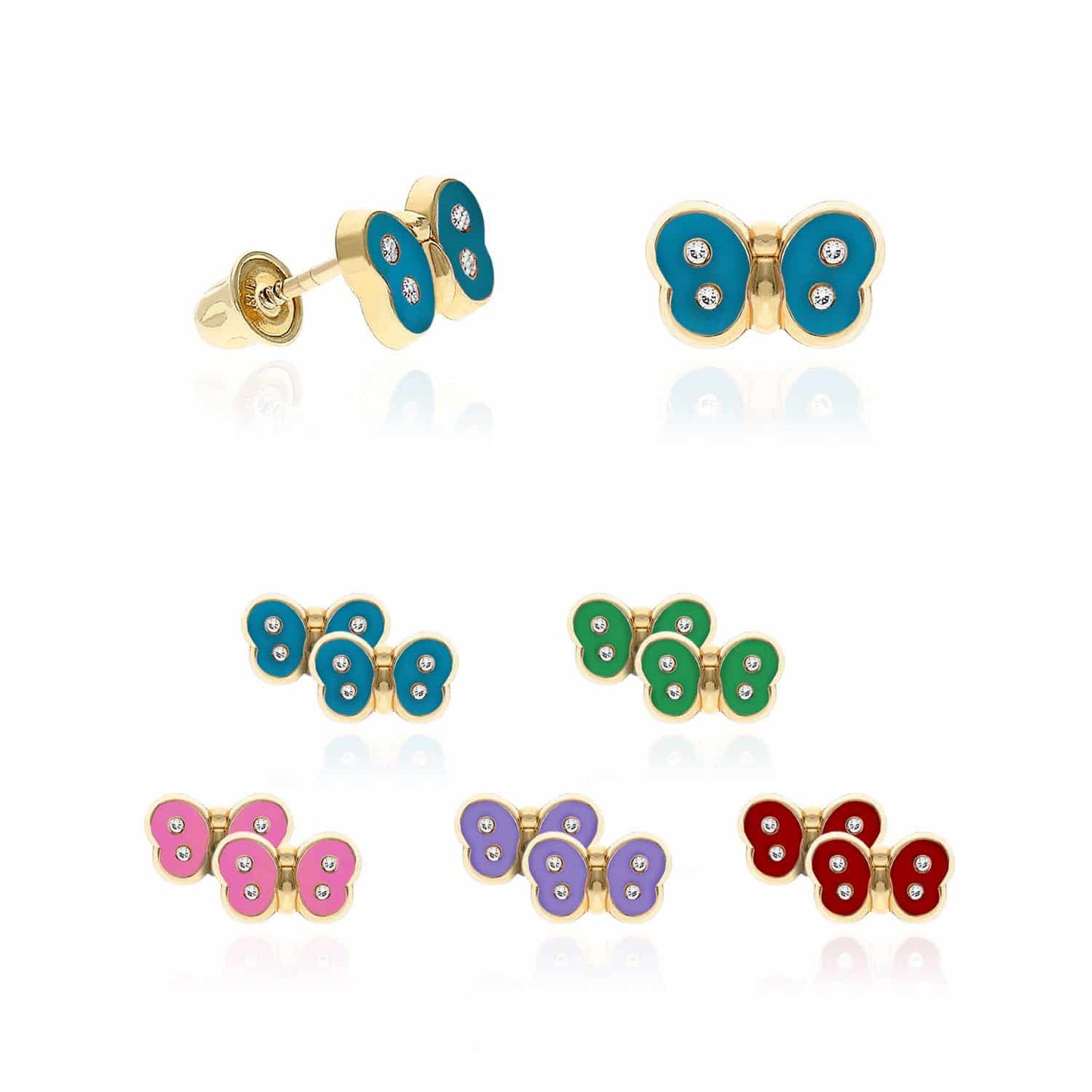 Kids 14K Yellow Gold CZ Color Enamel Butterfly Stud Earrings
