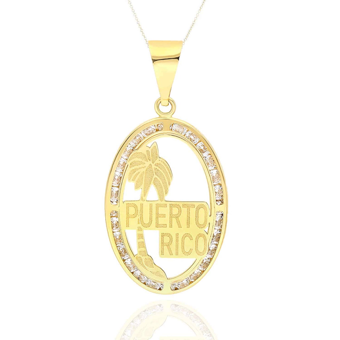 10K Real Gold CZ Puerto Rico Palm Tree Oval Shape Disc Pendant