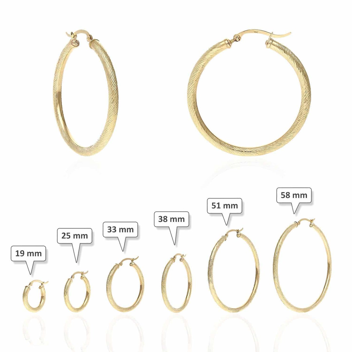 10K Yellow Gold 3mm Tube Twisted Textured Hoop Earrings 19mm-58mm
