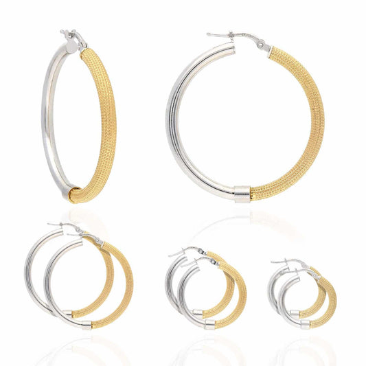 Yellow White Gold Over Silver 3mm Half Mesh Half Shiny Hoop Earrings