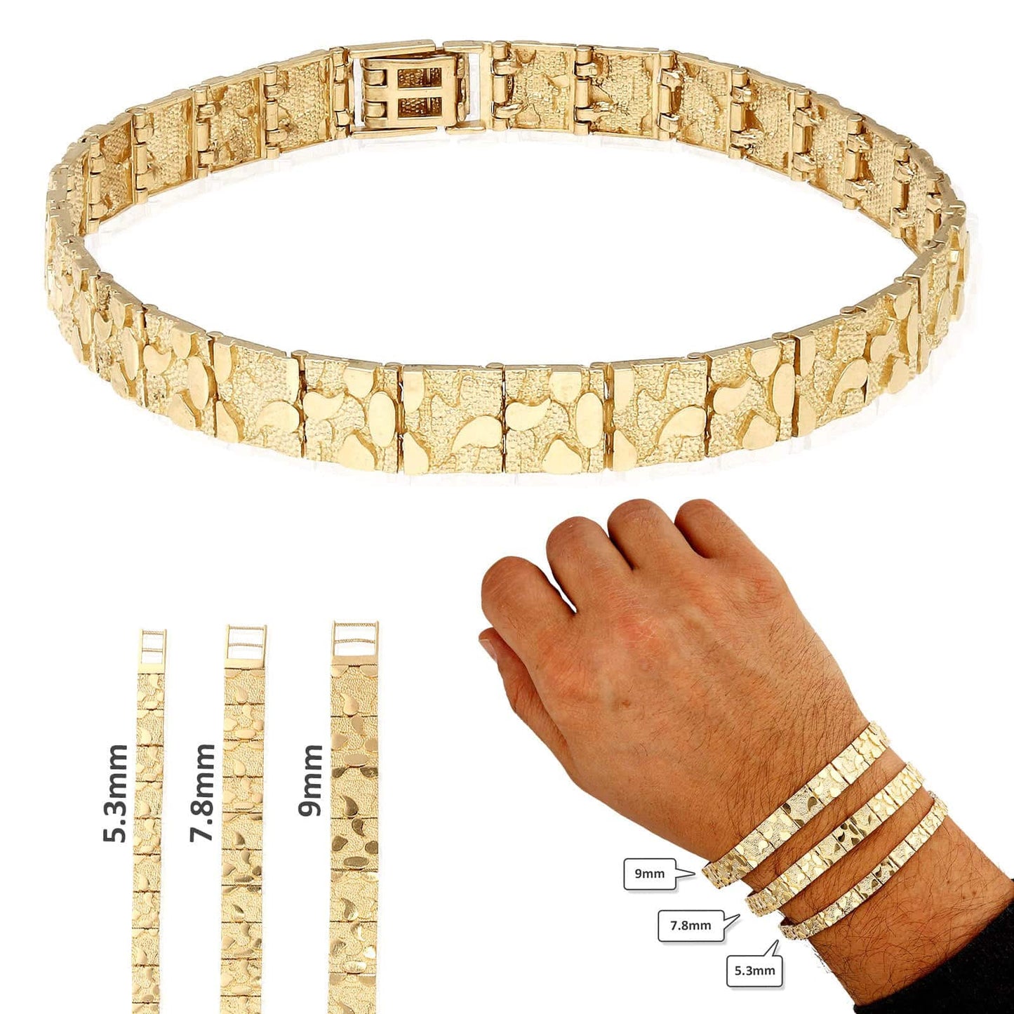 Solid 10K Gold Yellow 5.3mm-9mm Nugget Diamond-Cut Bracelet 8.25"
