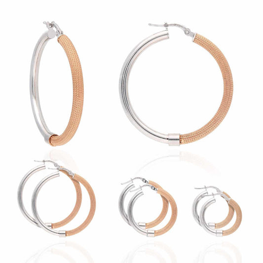 Rose White Gold Over 925 Sterling Silver 3mm Half Mesh Half Shiny Hoop Earrings