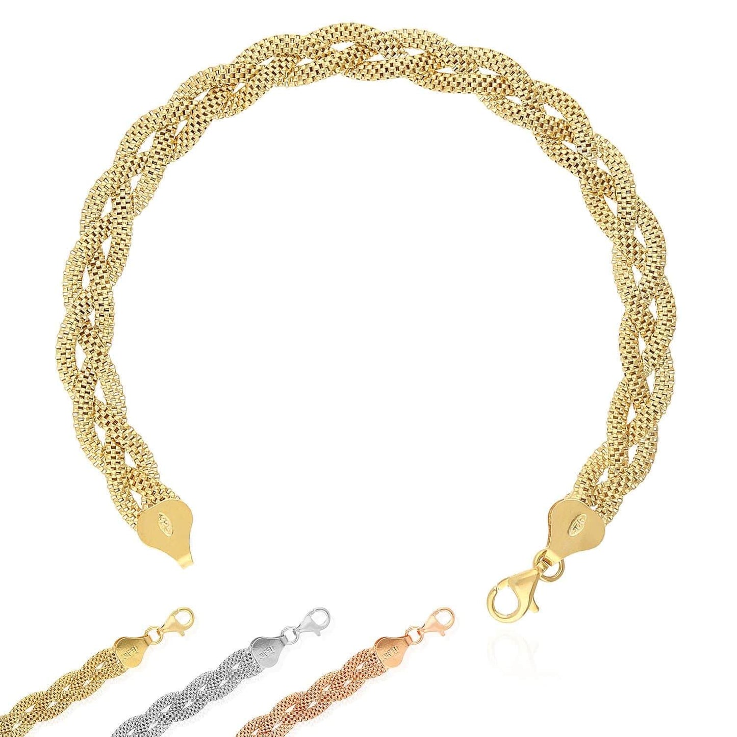 Yellow White Rose Gold Tone Sterling Silver 7.5mm Braided Mesh Bracelet 7.25"