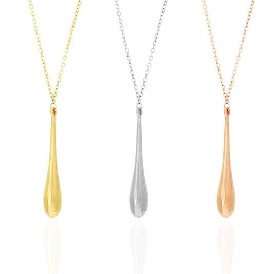 14K Yellow White Rose Gold Shiny Long Puffed Teardrop Necklace (Solid Links) 18"