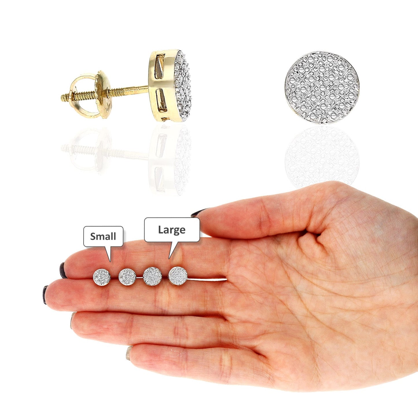 Real Diamond 10K Yellow Gold Round Cluster Pave Stud Earrings 6.5mm-7.5mm