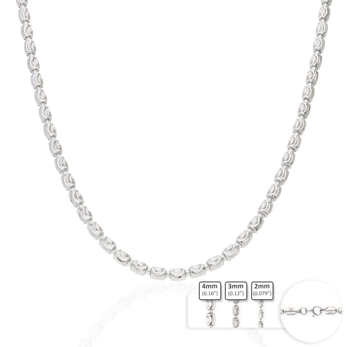 Sterling Silver 2mm-4mm White Half Moon-Cut Oval Barrel Beaded Chain (Solid Links) 18"-26"